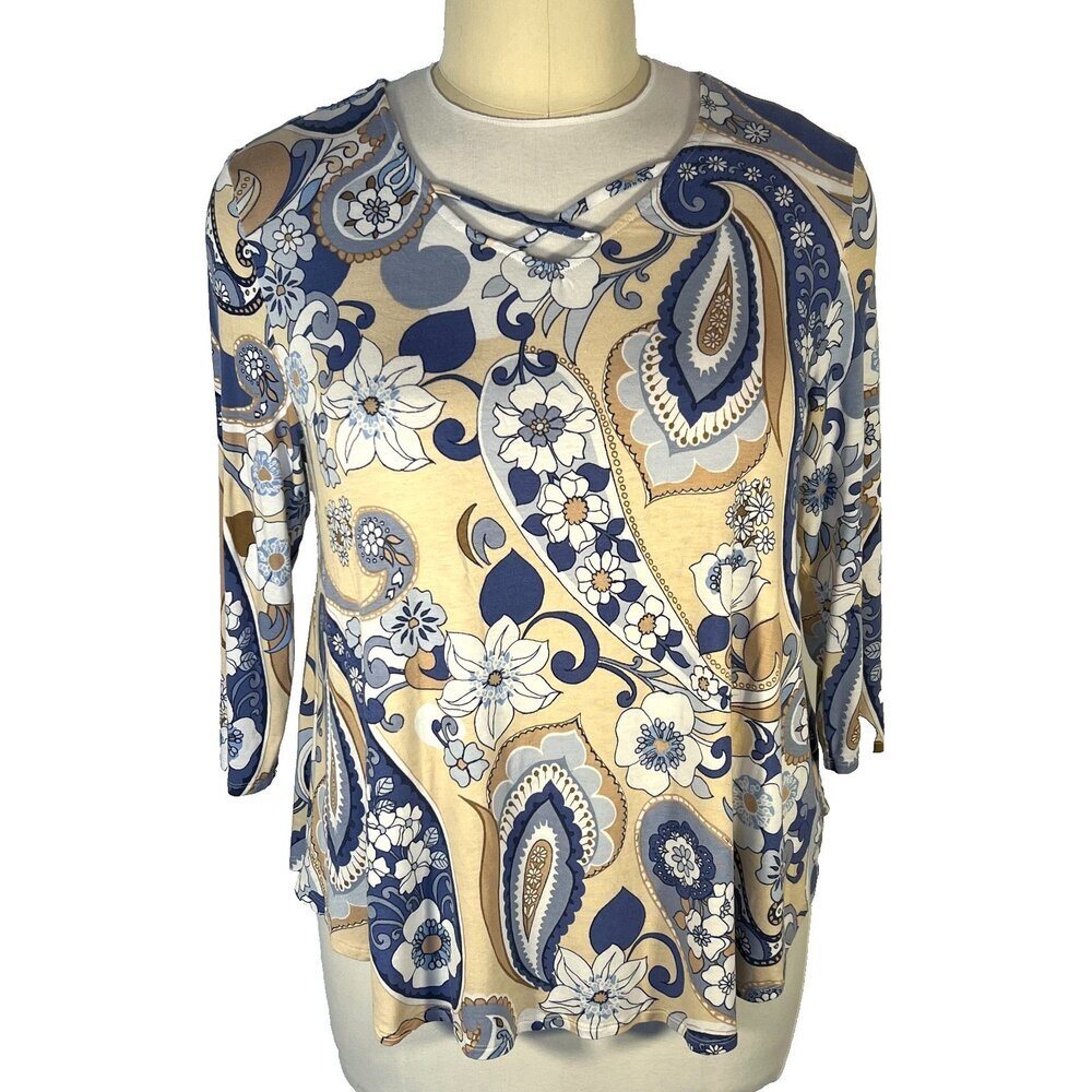 Ruby Rd. - Knit Blouse Women's XL Paisley Floral Cage V-Neck 3/4 Sleeve Stretch